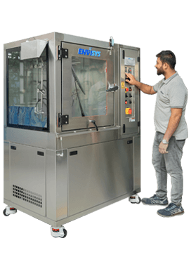 IPX9K Rain Spray Test Chamber by Envisys Technologies for high-pressure water ingress testing.