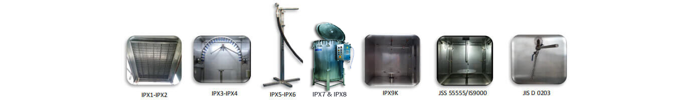 Showcase of all Rain Spray Test Chamber models by Envisys Technologies, designed for water resistance testing.